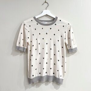 Minnie Rose Women’s Knit Top S Ivory Card Print Cotton Blend Y2K Preppy Academia